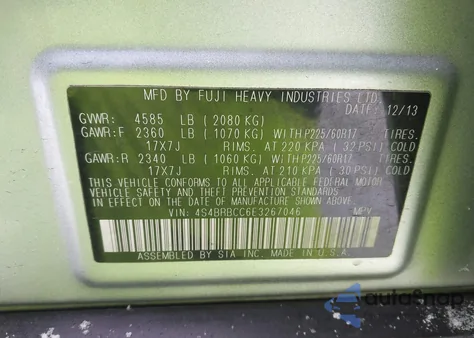 2014 Subaru Outback 2.5I Premium from USA, damaged, VIN 4S4BRBCC6E3267046